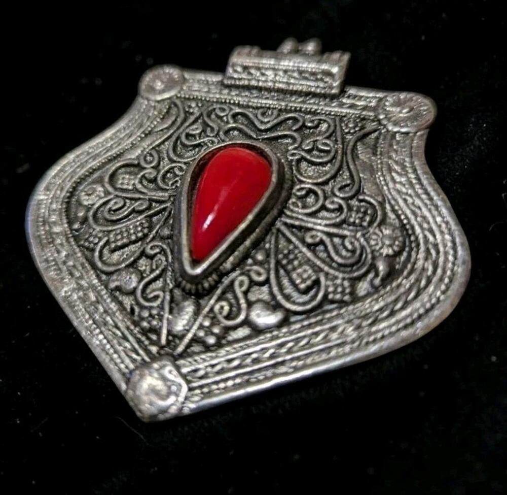 Large Vtg Afghan Turkmen Silver Tone Coral Carnelian Pendant Asyk Boho